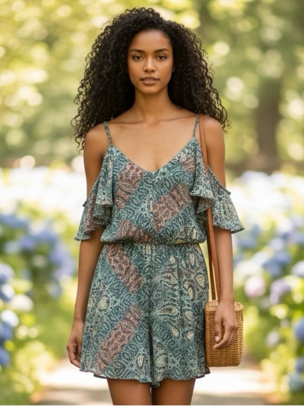 Xhilaration Teal and Brown Paisley Cold-Shoulder Romper